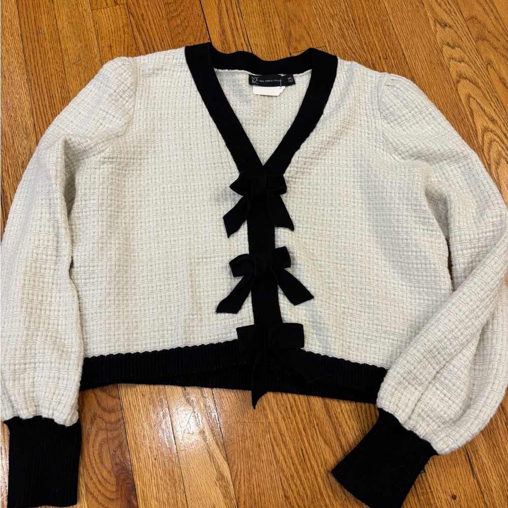 New York & Company Black and Cream Cardigan with Bow Details